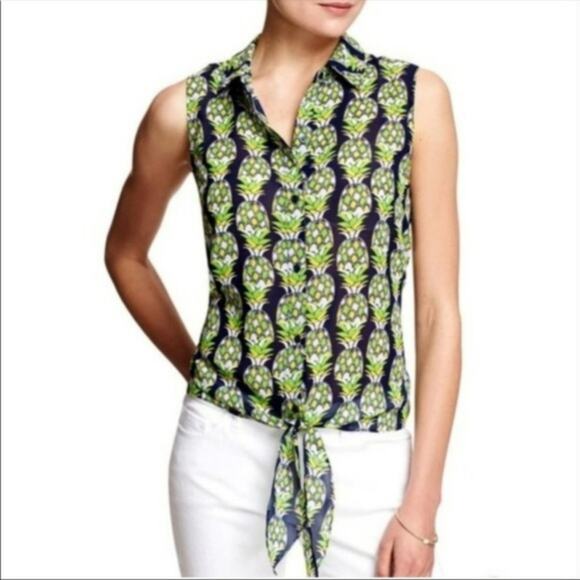 BANANA Republic Womens Size XS Pineapple Print Tie Blouse Preppy Resort Beach - Picture 1 of 8